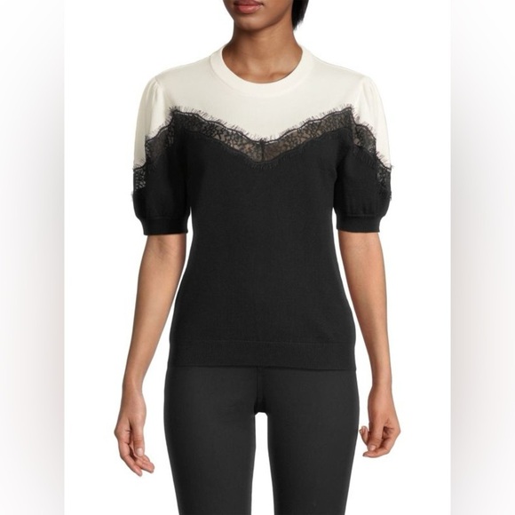 Milly Lace Inset Knit Black and White Pullover Size XL - Picture 2 of 8